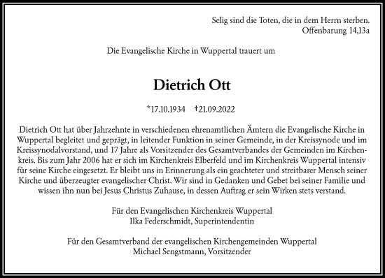 Traueranzeige von Dietrich Ott von trauer.wuppertaler-rundschau.de