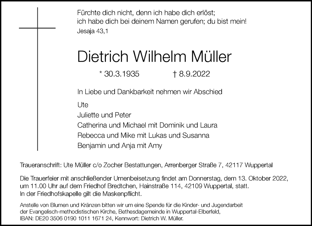  Traueranzeige für Dietrich Wilhelm Müller vom 17.09.2022 aus trauer.wuppertaler-rundschau.de