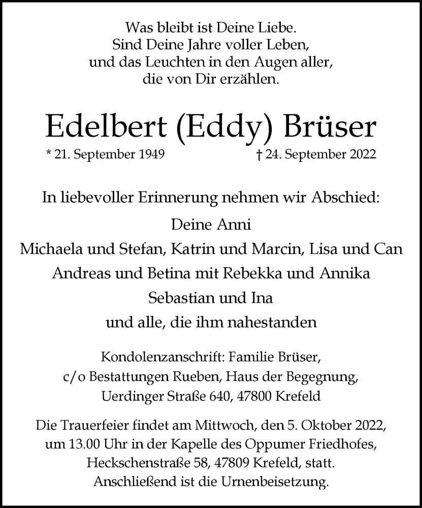  Traueranzeige für Edelbert Brüser vom 02.10.2022 aus trauer.mein.krefeld.de