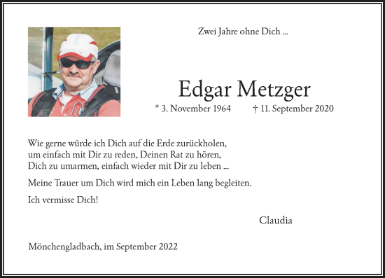 Traueranzeige von Edgar Metzger von trauer.extra-tipp-moenchengladbach.de