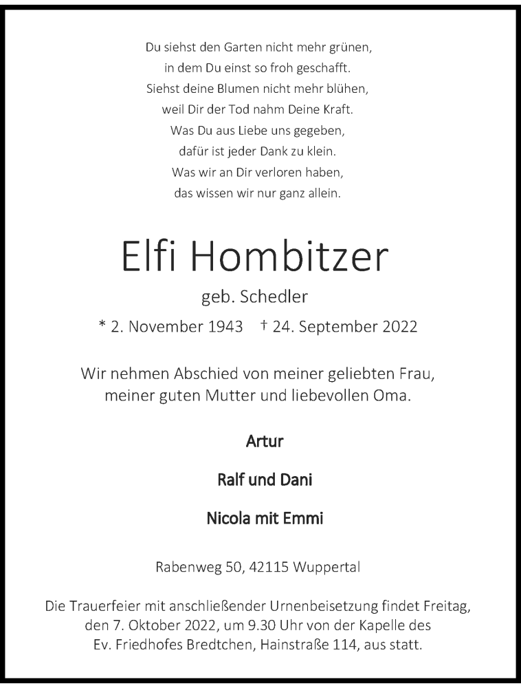  Traueranzeige für Elfi Hombitzer vom 01.10.2022 aus trauer.wuppertaler-rundschau.de