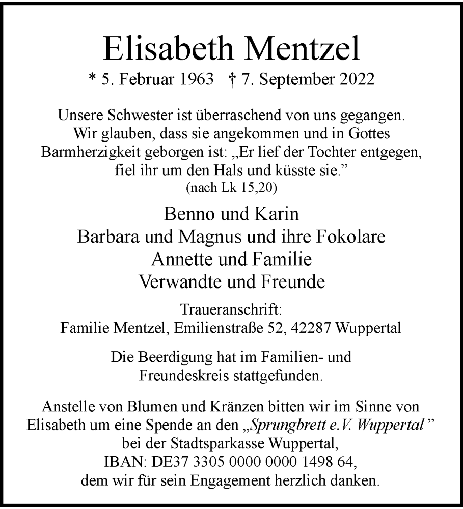  Traueranzeige für Elisabeth Mentzel vom 17.09.2022 aus trauer.wuppertaler-rundschau.de