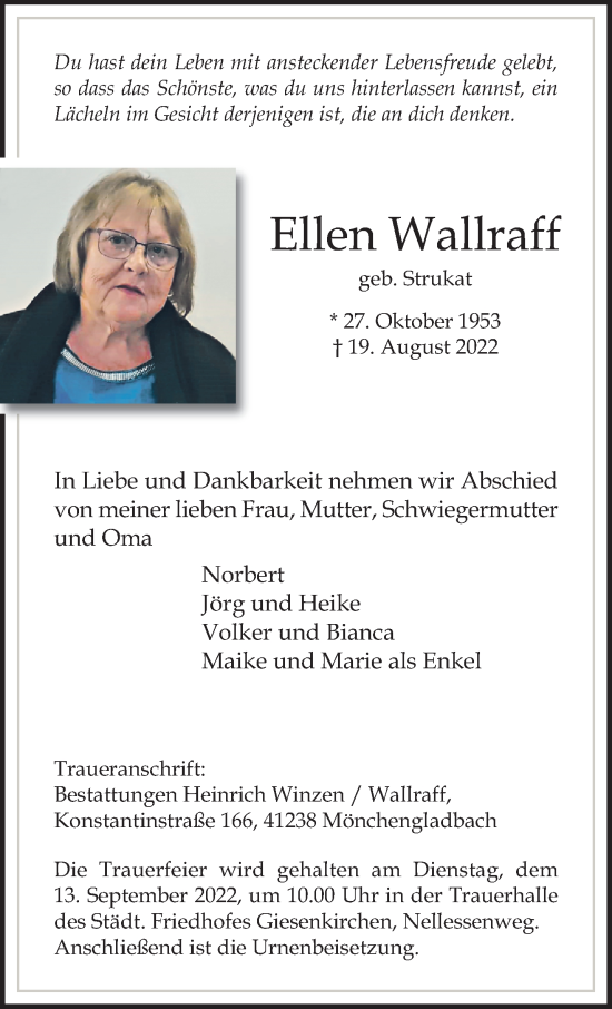 Traueranzeige von Ellen Wallraff von trauer.extra-tipp-moenchengladbach.de