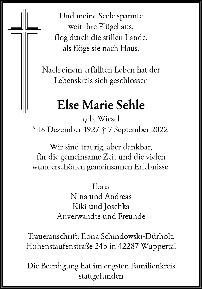  Traueranzeige für Else Marie Sehle vom 17.09.2022 aus trauer.wuppertaler-rundschau.de