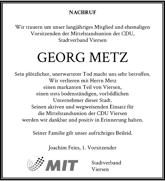 Traueranzeige von Georg Metz von trauer.extra-tipp-moenchengladbach.de