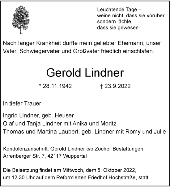 Traueranzeige von Gerold Lindner von trauer.wuppertaler-rundschau.de