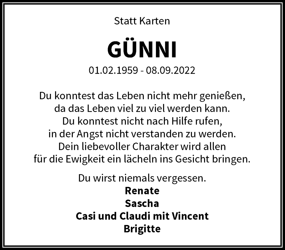  Traueranzeige für Günni  vom 17.09.2022 aus trauer.wuppertaler-rundschau.de