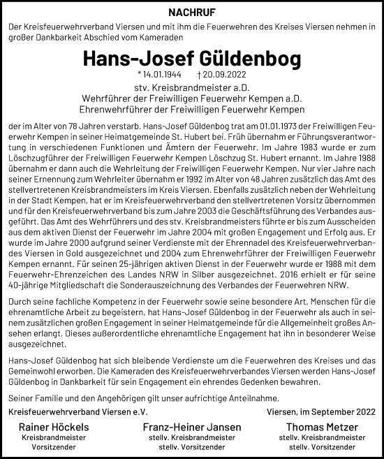 Traueranzeige von Hans-Josef Güldenbog von trauer.extra-tipp-moenchengladbach.de