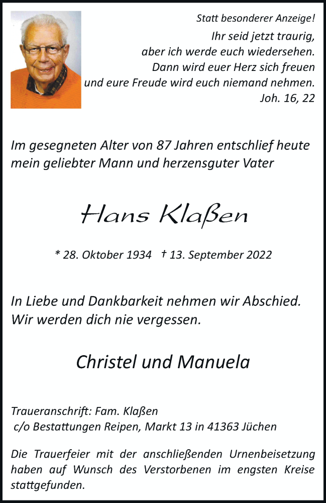  Traueranzeige für Hans Klaßen vom 24.09.2022 aus trauer.stadt-kurier.de