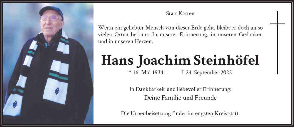  Traueranzeige für Hans Joachim Steinhöfel vom 01.10.2022 aus trauer.wuppertaler-rundschau.de