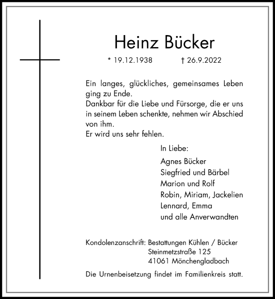 Traueranzeige von Heinz Bücker von trauer.extra-tipp-moenchengladbach.de