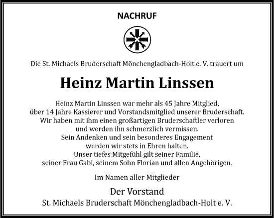 Traueranzeige von Heinz Martin Linssen von trauer.extra-tipp-moenchengladbach.de