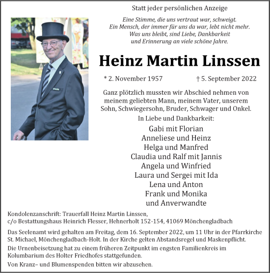 Traueranzeige von Heinz Martin Linssen von trauer.extra-tipp-moenchengladbach.de