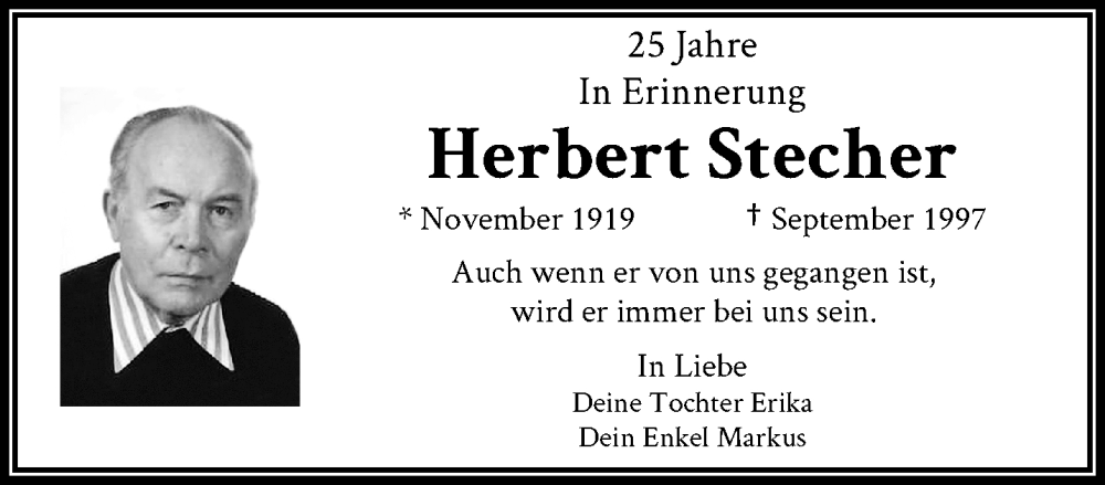  Traueranzeige für Herbert Stecher vom 01.10.2022 aus trauer.wuppertaler-rundschau.de