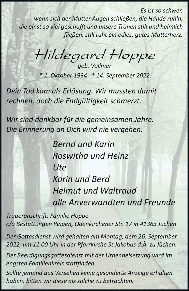  Traueranzeige für Hildegard Hoppe vom 24.09.2022 aus trauer.stadt-kurier.de