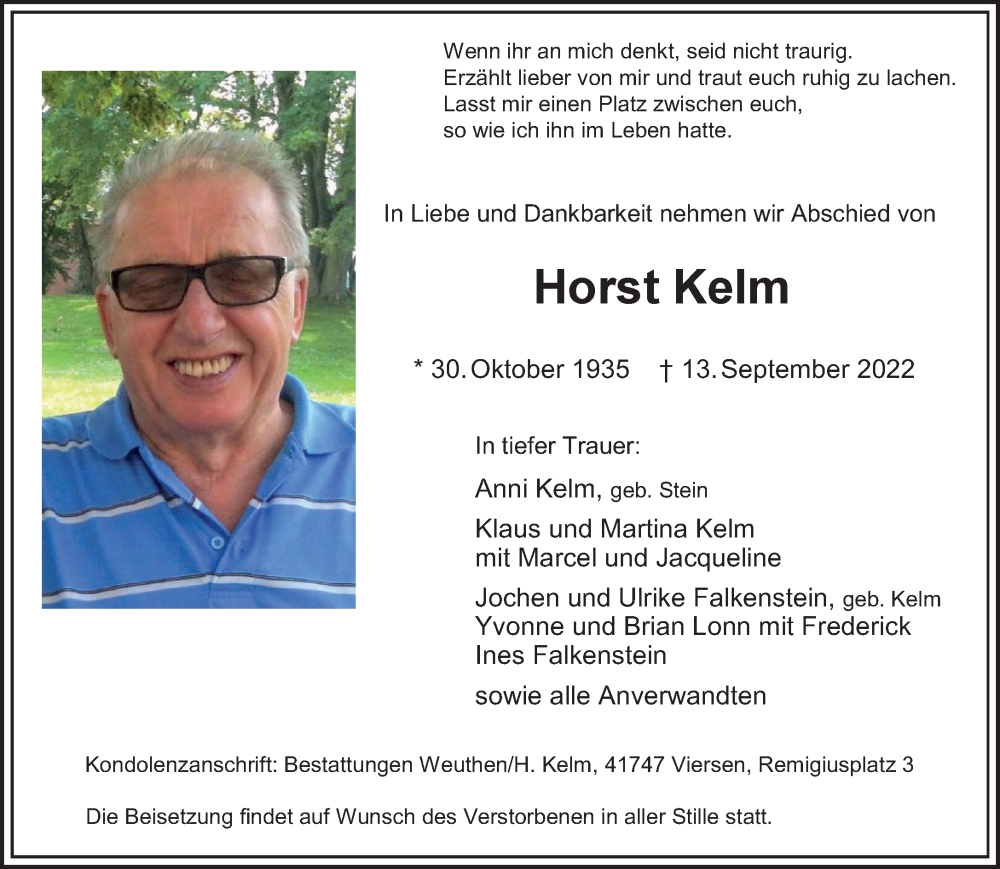  Traueranzeige für Horst Kelm vom 18.09.2022 aus trauer.extra-tipp-moenchengladbach.de