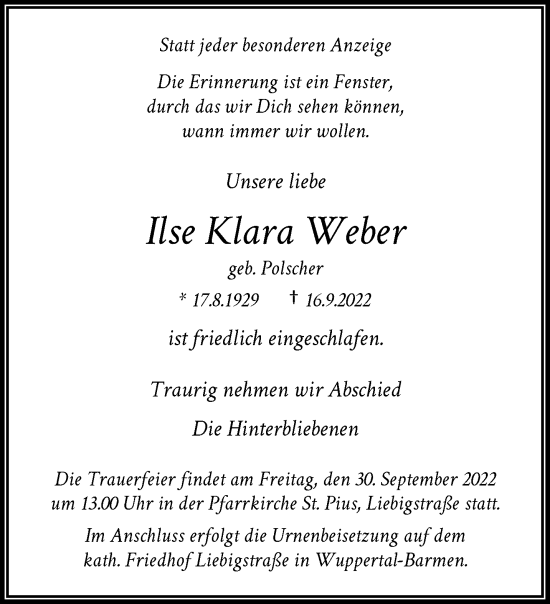 Traueranzeige von Ilse Klara Weber von trauer.wuppertaler-rundschau.de