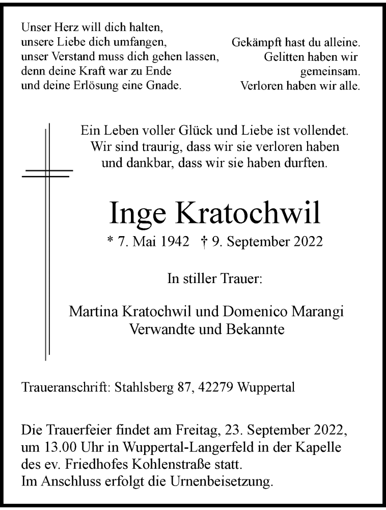  Traueranzeige für Inge Kratochwil vom 17.09.2022 aus trauer.wuppertaler-rundschau.de