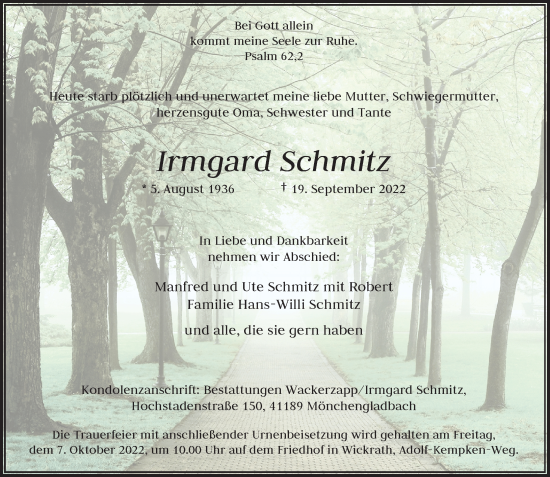 Traueranzeige von Irmgard Schmitz von trauer.extra-tipp-moenchengladbach.de