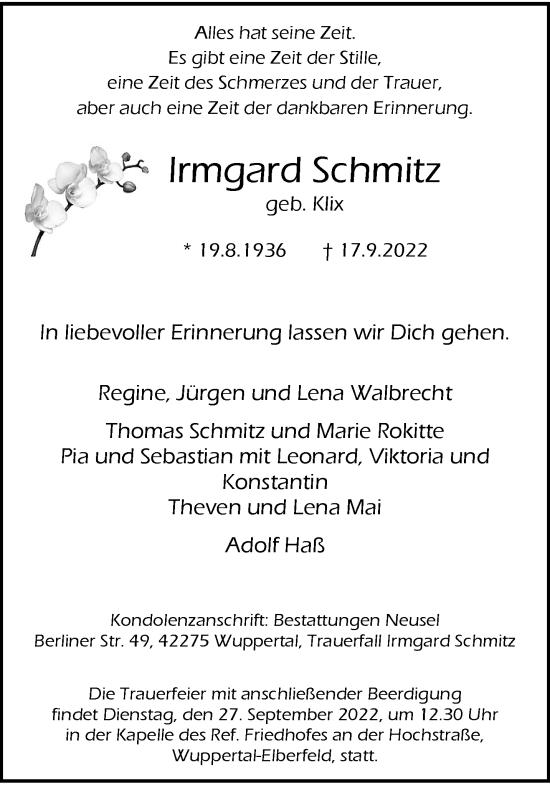 Traueranzeige von Irmgard Schmitz von trauer.wuppertaler-rundschau.de