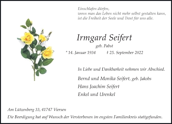 Traueranzeige von Irmgard Seifert von trauer.extra-tipp-moenchengladbach.de
