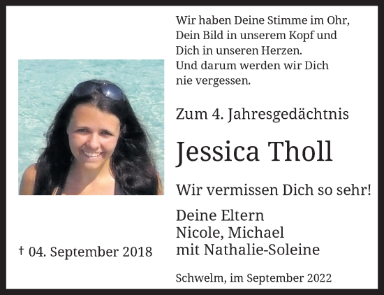 Traueranzeige von Jessica Tholl von trauer.wuppertaler-rundschau.de