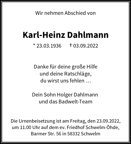 Traueranzeige von Karl-Heinz Dahlmann von trauer.wuppertaler-rundschau.de