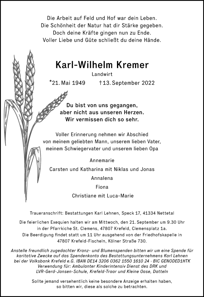  Traueranzeige für Karl-Wilhelm Kremer vom 18.09.2022 aus trauer.extra-tipp-moenchengladbach.de