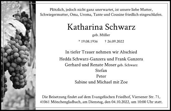 Traueranzeige von Katharina Schwarz von trauer.extra-tipp-moenchengladbach.de
