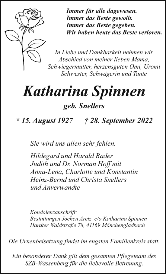 Traueranzeige von Katharina Spinnen von trauer.extra-tipp-moenchengladbach.de