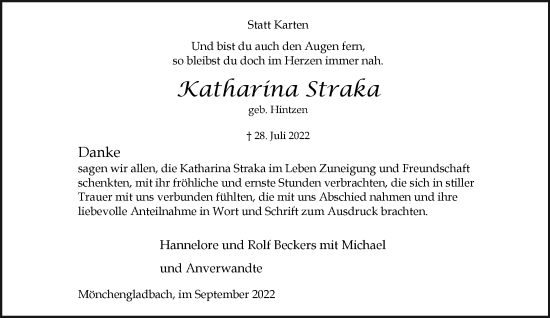 Traueranzeige von Katharina Straka von trauer.extra-tipp-moenchengladbach.de