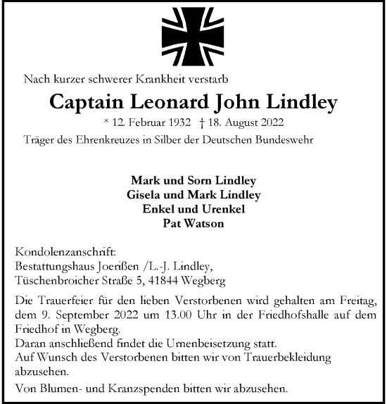 Traueranzeige von Leonard John Lindley von trauer.extra-tipp-moenchengladbach.de