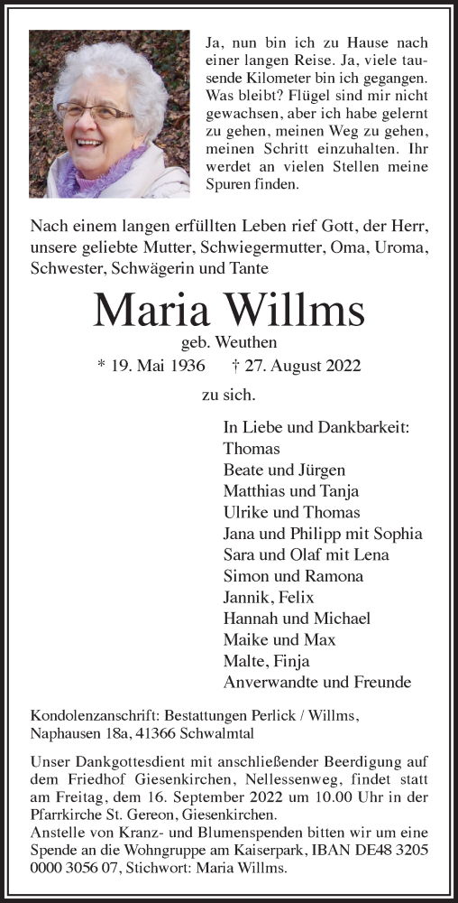 Traueranzeige von Maria Willms von trauer.extra-tipp-moenchengladbach.de