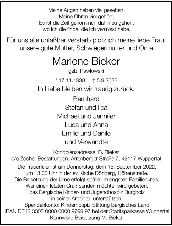 Traueranzeige von Marlene Bieker von trauer.wuppertaler-rundschau.de