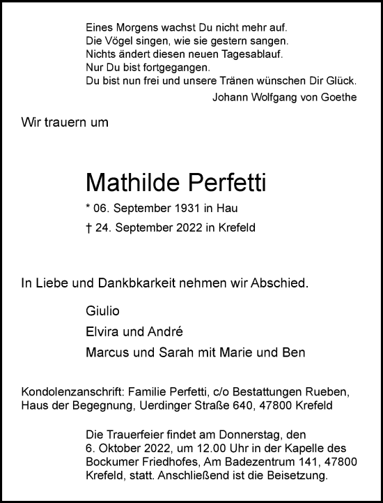 Traueranzeige von Mathilde Perfetti von trauer.mein.krefeld.de