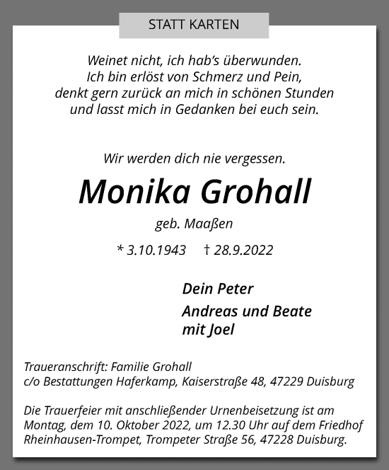 Traueranzeige von Monika Grohall von trauer.mein.krefeld.de