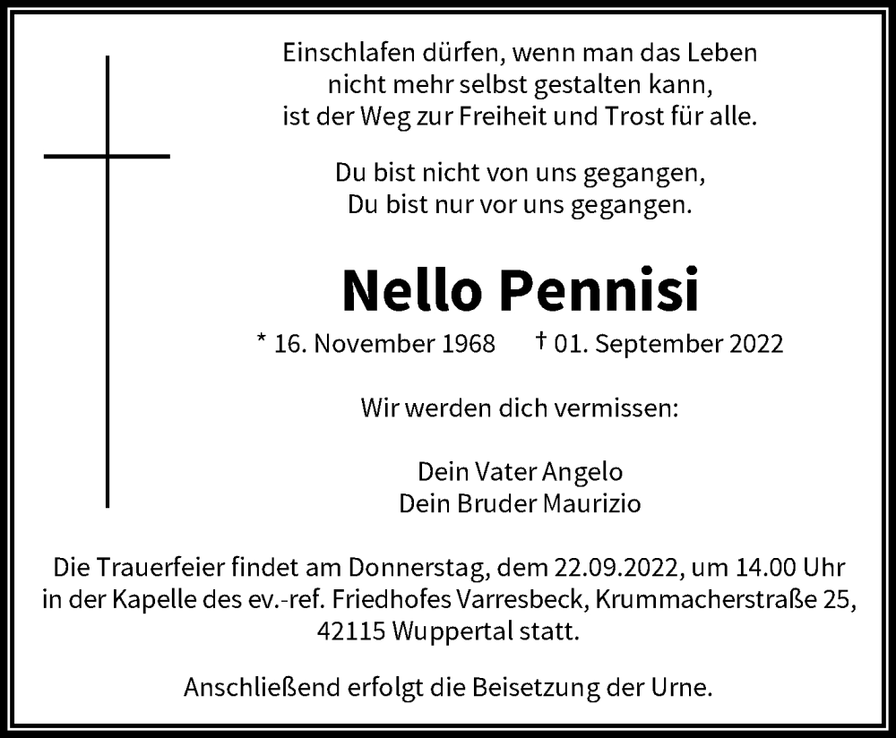  Traueranzeige für Nello Pennisi vom 17.09.2022 aus trauer.wuppertaler-rundschau.de