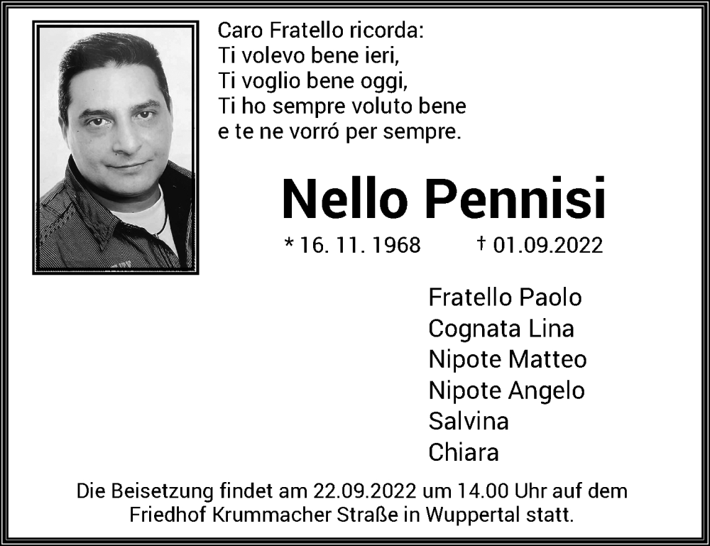  Traueranzeige für Nello Pennisi vom 17.09.2022 aus trauer.wuppertaler-rundschau.de