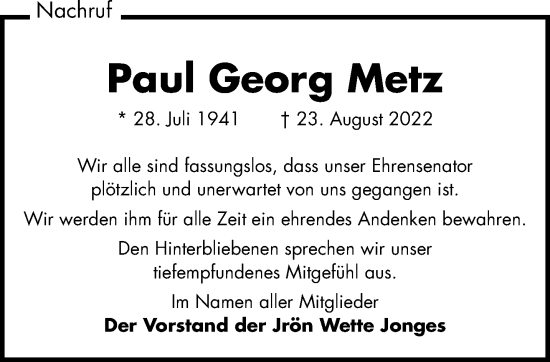 Traueranzeige von Paul Georg Metz von trauer.extra-tipp-moenchengladbach.de