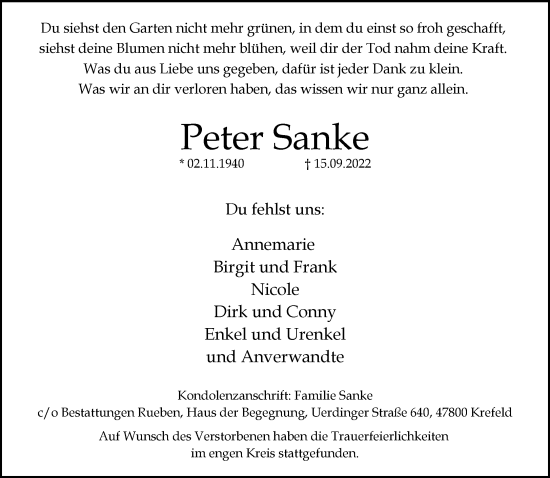 Traueranzeige von Peter Sanke von trauer.mein.krefeld.de