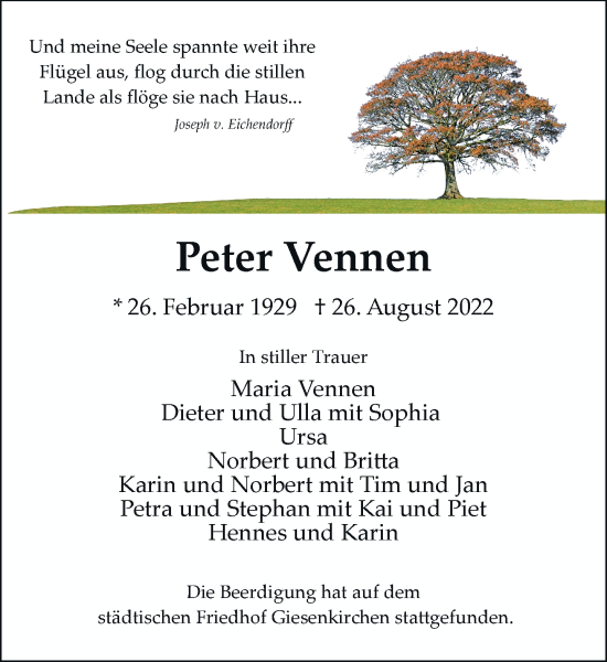 Traueranzeige von Peter Vennen von trauer.extra-tipp-moenchengladbach.de