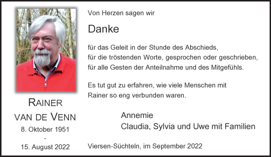 Traueranzeige von Rainer van de Venn von trauer.extra-tipp-moenchengladbach.de