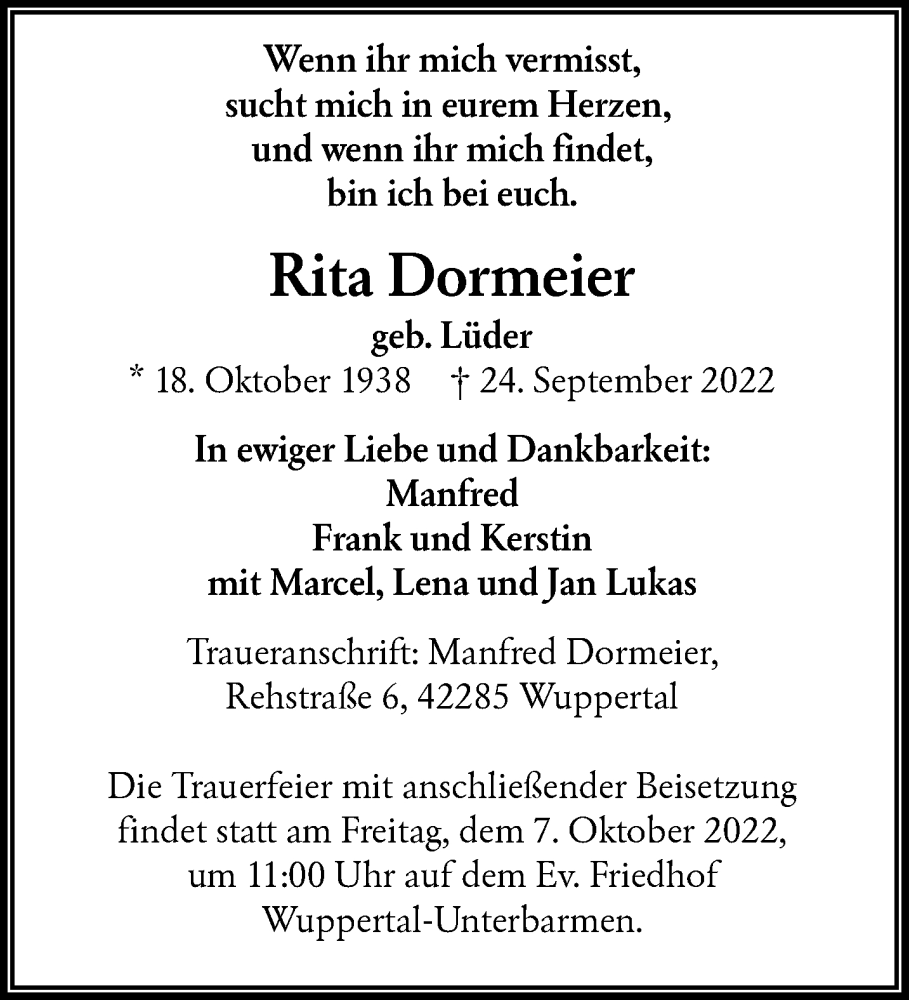  Traueranzeige für Rita Dormeier vom 01.10.2022 aus trauer.wuppertaler-rundschau.de