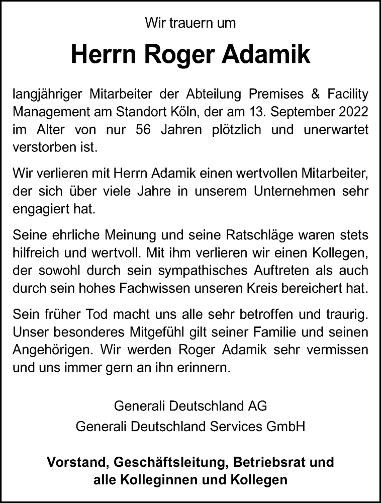  Traueranzeige für Roger Adamik vom 25.09.2022 aus trauer.extra-tipp-moenchengladbach.de
