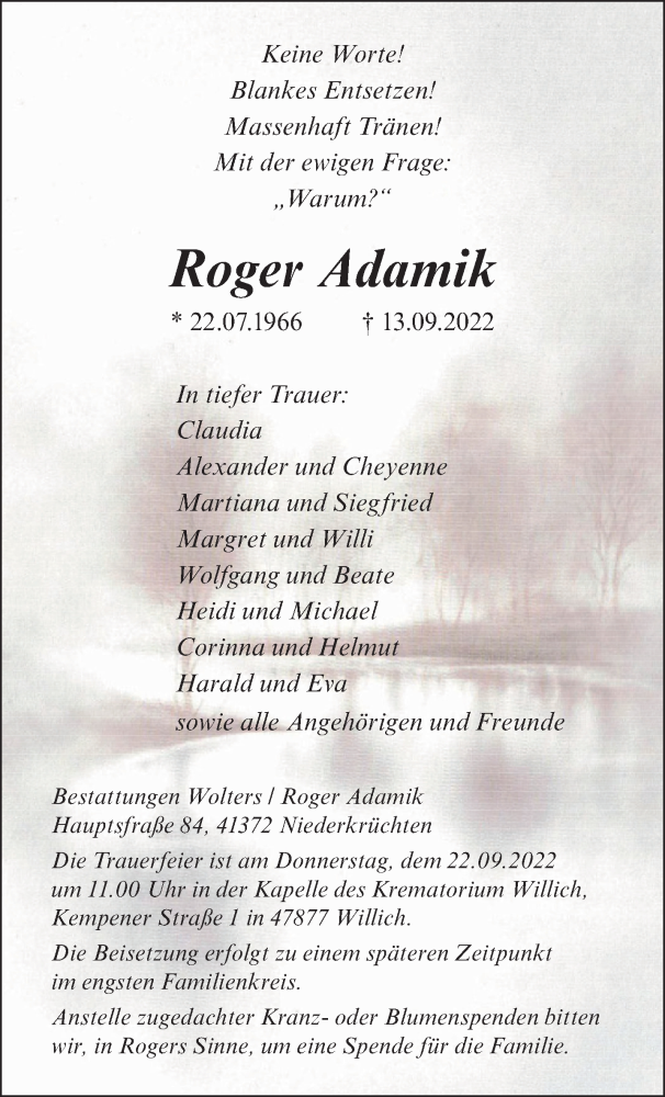  Traueranzeige für Roger Adamik vom 18.09.2022 aus trauer.extra-tipp-moenchengladbach.de