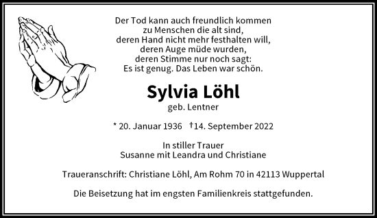 Traueranzeige von Sylvia Löhl von trauer.wuppertaler-rundschau.de