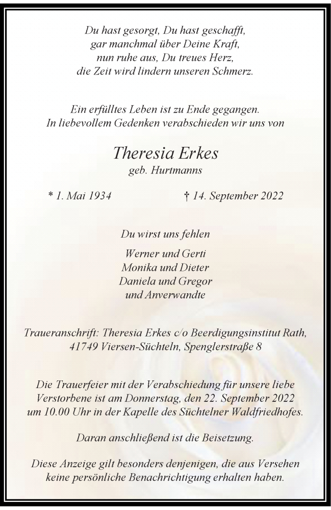  Traueranzeige für Theresia Erkes vom 18.09.2022 aus trauer.extra-tipp-moenchengladbach.de