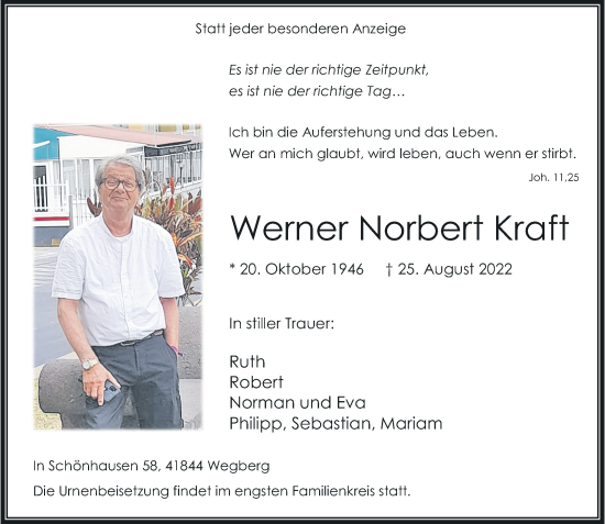 Traueranzeige von Werner Norbert Kraft von trauer.extra-tipp-moenchengladbach.de