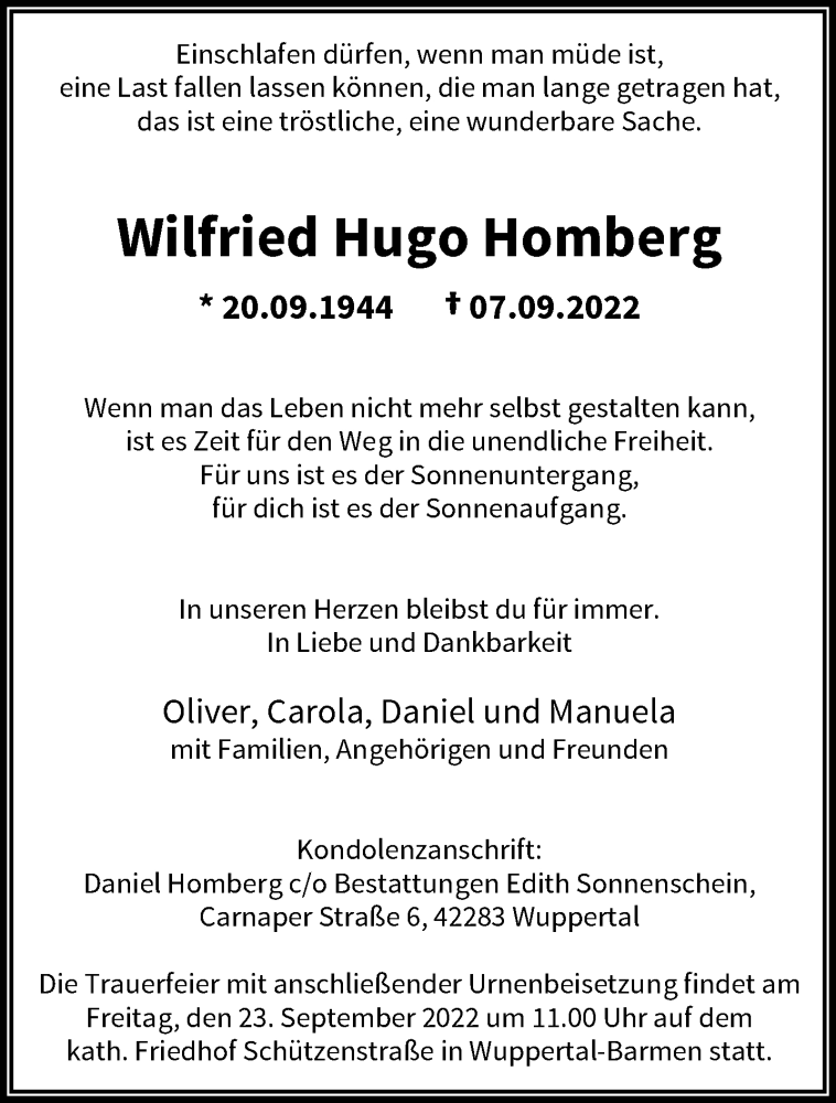  Traueranzeige für Wilfried Hugo Homberg vom 17.09.2022 aus trauer.wuppertaler-rundschau.de