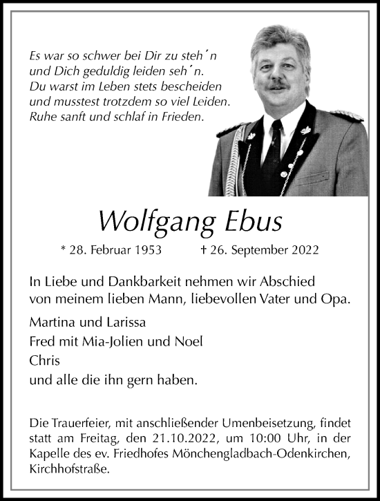 Traueranzeige von Wolfgang Ebus von trauer.extra-tipp-moenchengladbach.de